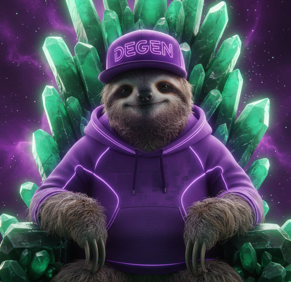 Abdallah_DeFi's tweet photo. Everyone’s out there chasing ghosts, but a real DEGEN knows the play is in the chill. 🟪 It’s not just about being a sloth it’s about being the one who actually finds the gems in the noise. Purple for the vibes, green for the bags. Steady hands win the game. We're building this future, quietly.   
@degentokenbase
