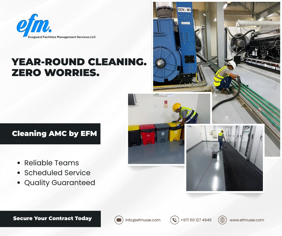 ECOGUARD2025's tweet photo. Year-Round Cleaning. Zero Worries. 

Reliable Cleaning AMC by EFM for spotless, well-maintained facilities.

📞 +971 50 127 4945
🌐 https://t.co/tVWzezRNFX
#CleaningAMC #FacilityManagement #EFMUAE https://t.co/Jw8Zk7Gz6a