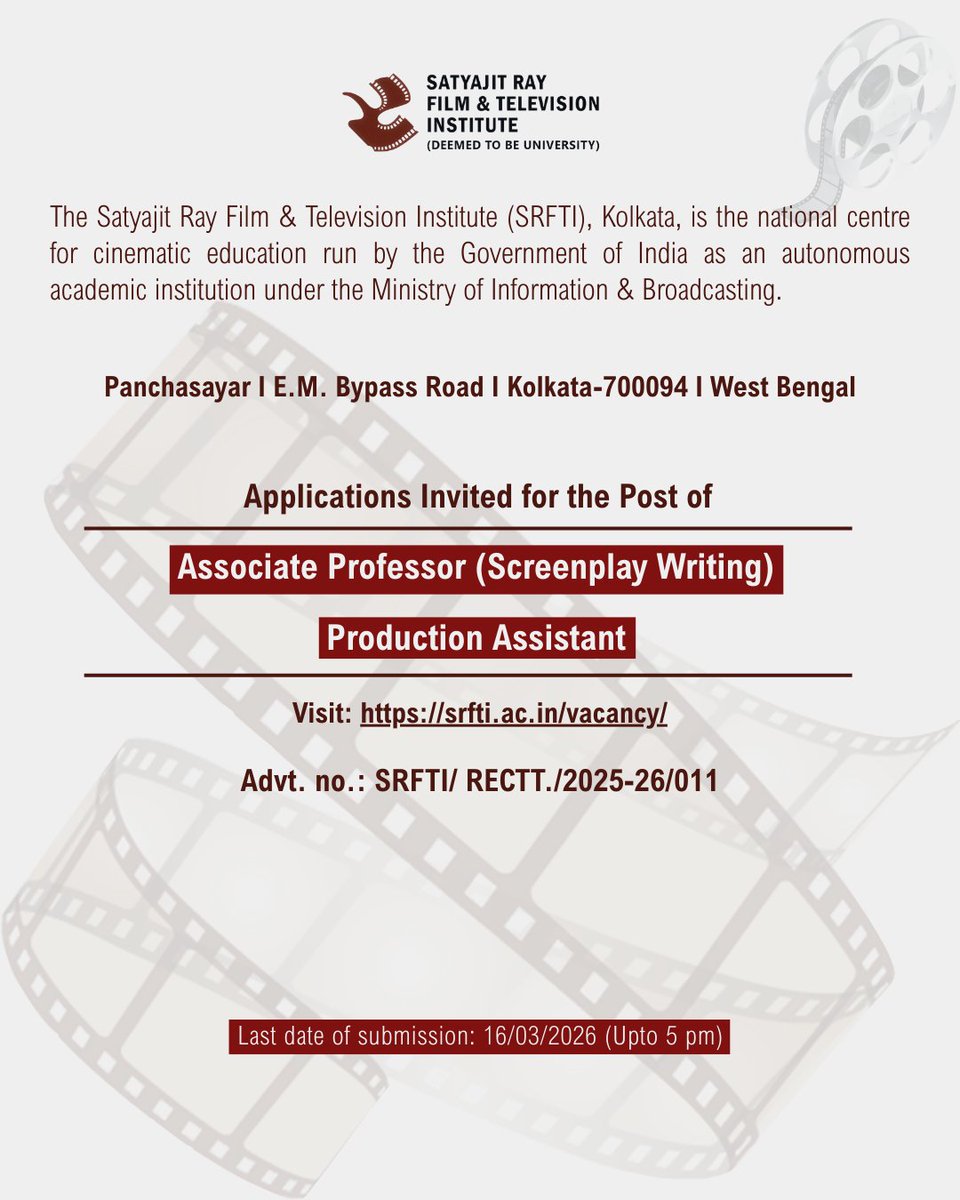 srfti_official's tweet image. 📣 SRFTI invites applications for Associate Professor (Screenplay Writing) and Production Assistant. 
✅ Visit: srfti.ac.in/vacancy/
⏳ Last date of submission: 16/03/2026 (Upto 5 pm)

#SRFTI #Job #Vacancy #JobVacancy