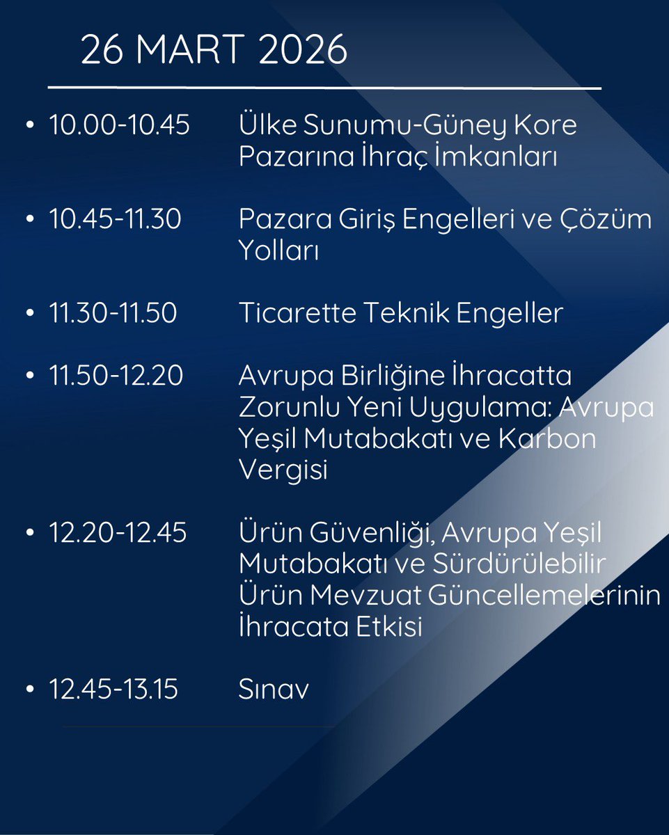Ticaret Bakanlığı olarak, ihracat yapmak isteyen girişimcilerimiz, KOBİ’lerimiz ve iş dünyamızın tüm temsilcileri için önemli bir eğitim programı düzenliyoruz.

“Ticaret Bakanlığı İhracat Süreçleri ve Devlet Destekleri Eğitim Programı”
24-25-26 Mart 2026 tarihlerinde çevrim içi