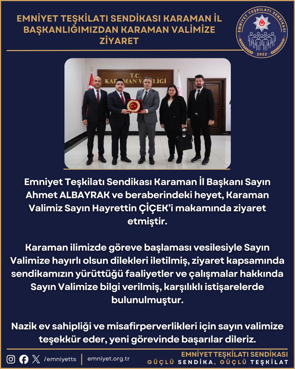 EMNİYET TEŞKİLATI SENDİKASI KARAMAN İL BAŞKANLIĞIMIZDAN KARAMAN VALİMİZE ZİYARET

Emniyet Teşkilatı Sendikası Karaman İl Başkanı Sayın Ahmet ALBAYRAK ve beraberindeki heyet, Karaman Valimiz Sayın Hayrettin ÇİÇEK’i makamında ziyaret etmiştir.

Karaman ilimizde göreve başlaması