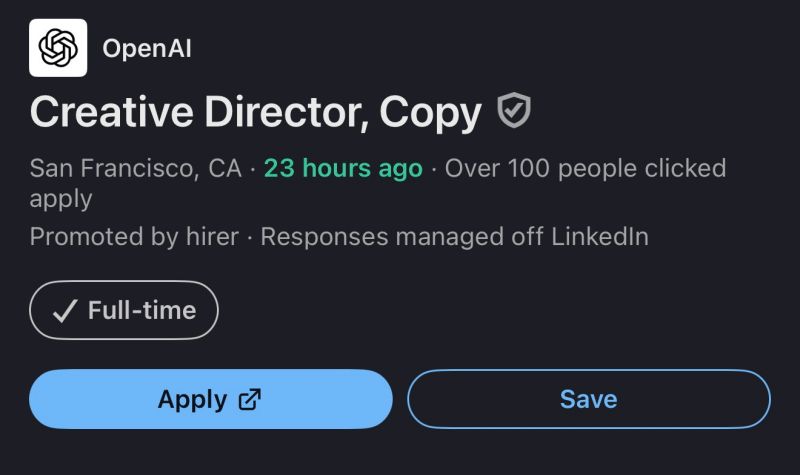 Rob_Popolizio's tweet image. 🚨 Massive opportunity for #copywriters!

Copywriting job open at OpenAI

Get paid handsomely to justify mass surveillance and help destroy your own industry 👌