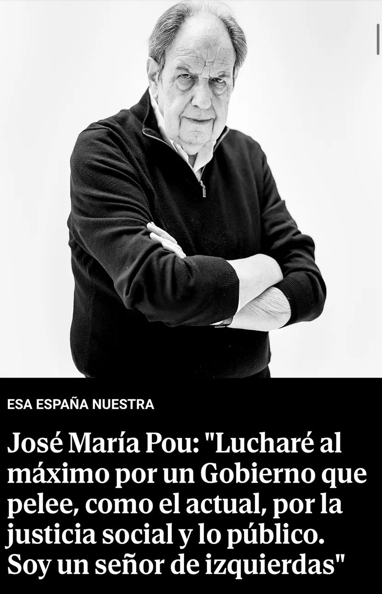Gigante, inconmensurable, José María Pou. 

 “Lucharé al máximo por un Gobierno que pelee, como el actual, por la justicia social y lo público. Soy un señor de izquierdas y progresista."

Y deja un recado a Felipe González. No os perdáis la entrevista: elmundo.es/papel/2026/03/…