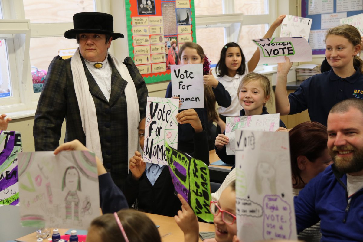 besscountess's tweet image. Marvellous Miss Isabel Cleghorn visits Beck Primary School to commemorate women voting for the first time on Dec 14th 1918. Ardent suffragist, she was 39 years headmistress at Heeley Bank School &amp;amp; first female president of NUT. @CreateSheff @mrsjcoats @learnsheffield @Lobstaria