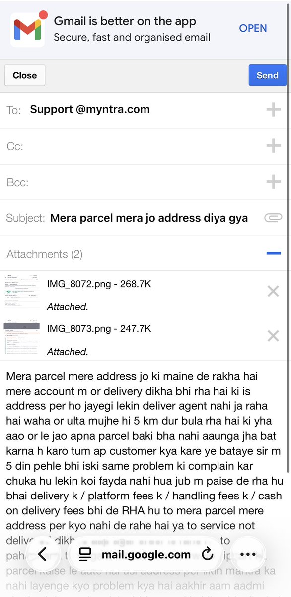 meetgangwar's tweet photo. Dear @myntra @unbundle_ekart Extremely disappointed with the service. Delivery agent is refusing to come to my location and asking me to collect the parcel 5km away. This is unacceptable! Please take immediate action.
Order id MYSC1269583058
Issue: Delivery agent misconduct https://t.co/CaWAHGmCgL
