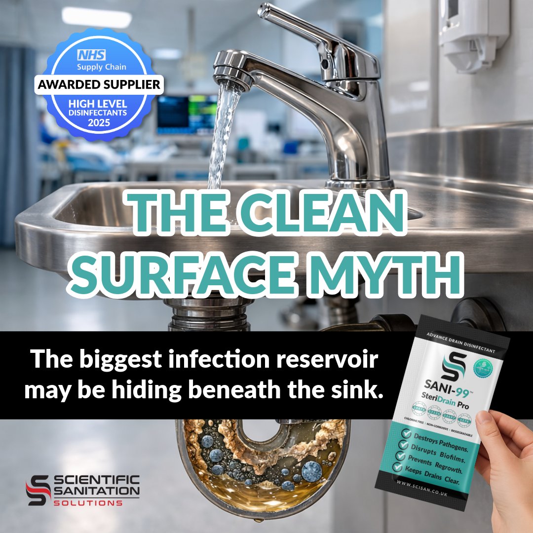 Scisan_UK's tweet photo. Hospitals disinfect surfaces, hands &amp; air.
But one microbial reservoir often sits beneath the sink.
Biofilms in drainage systems can harbour pathogens and spread contamination through splash-back.

Are drains part of your infection prevention strategy?
#InfectionPrevention #NHS https://t.co/dsilVGIKM3