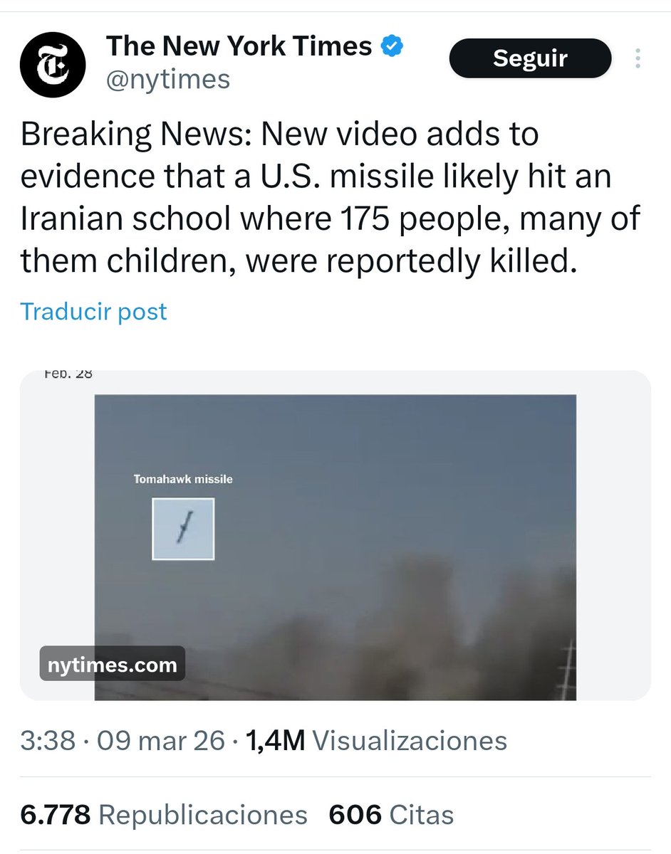 JulianMaciasT's tweet image. The New York Times también verifica el nuevo vídeo donde se ve un misil tomahawk de EEUU cayendo en la escuela de Minab que mató a más de 165 niñas.