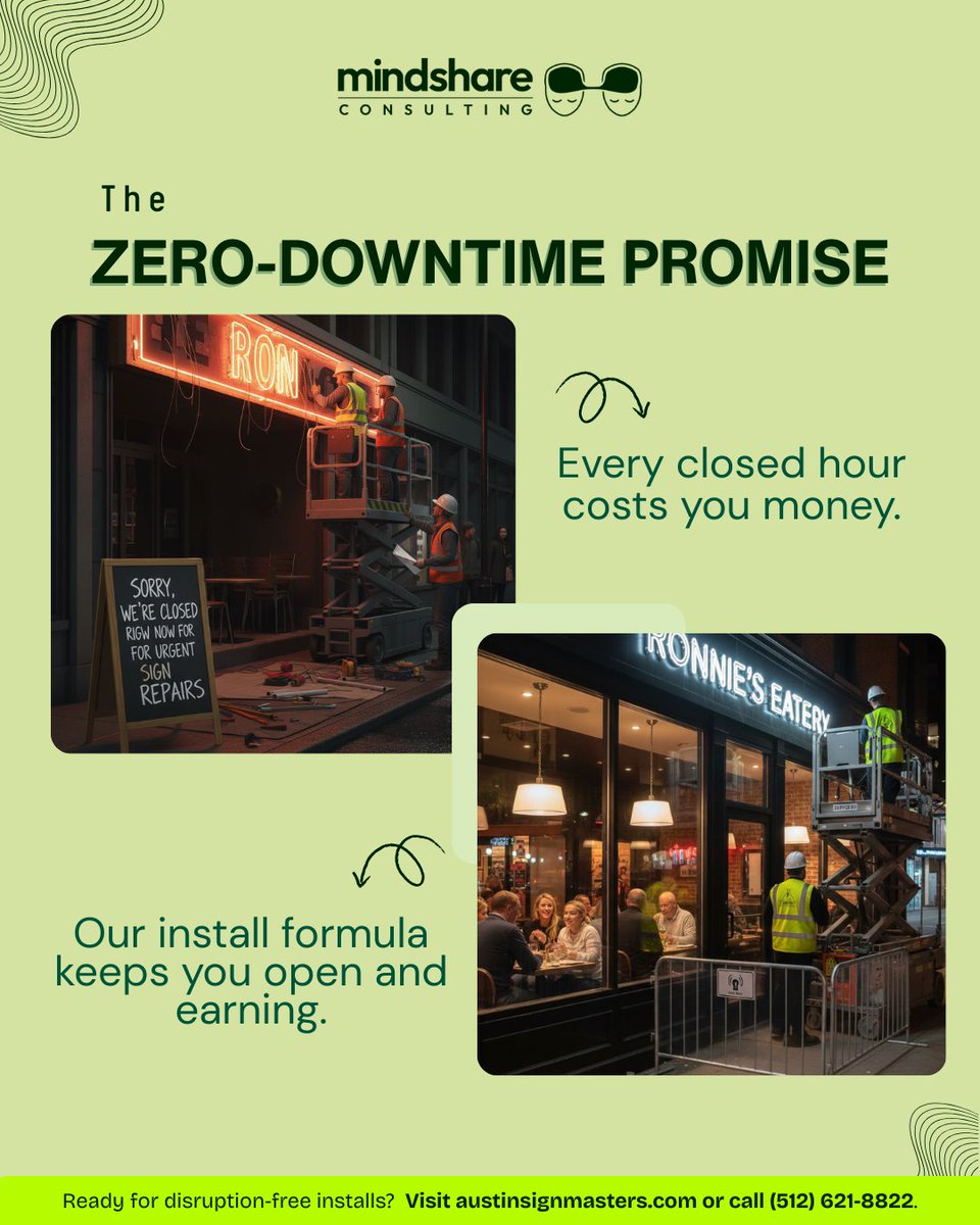SinageMind's tweet photo. Every hour your doors are closed for an install is lost revenue. Austin Sign Masters, partnering with @LakesideSignsAndGraphics, delivers Zero-Downtime Promise &amp; Surgical Installation to keep you open &amp; earning. Visit https://t.co/zUUgENFuOq or call (512) 621-8822! https://t.co/oEJRVaza3G