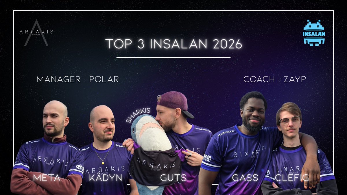 ArrakisESport's tweet photo. 💫 INSALAN 2026 💫

On finit troisième de cette édition de l’@insalan, pas peu fiers de nos joueurs &amp; staff ✨

Premier Cash Prize de l’asso merci à l’orga de la LAN et aux joueurs 🫶

Et merci aussi au Nexus Tour et ses dates, ça aurait été plus compliqué sans vous 👹 https://t.co/Yui7N5KSVH