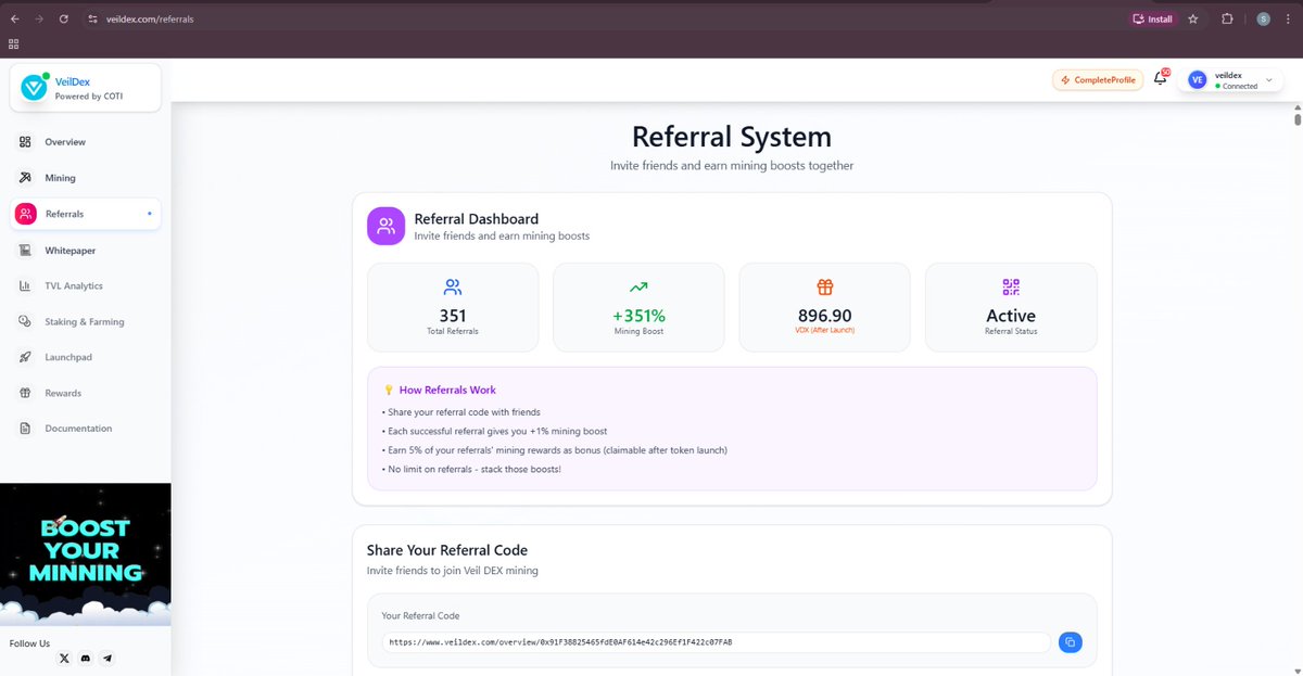 Veil_Dex's tweet photo. Smart move💰

Referral system that rewards both activity and growth.

+1% mining boost per referral
+5% from their mining rewards.

That’s how real communities grow.🚀

#VeilDex #VDX #DeFi #Mining https://t.co/j3CV0I85is