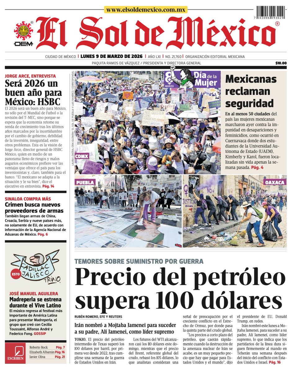 #BuenosDías / La portada de El Sol de México ☀️

🗞️ No sólo de EU: a México también llegan armas de otros 12 países
solde.mx/4bxrXtV

📰 CDMX suma 208 denuncias diarias por agresiones en escuelas, trayectos y zonas cercanas
solde.mx/3NoKXle