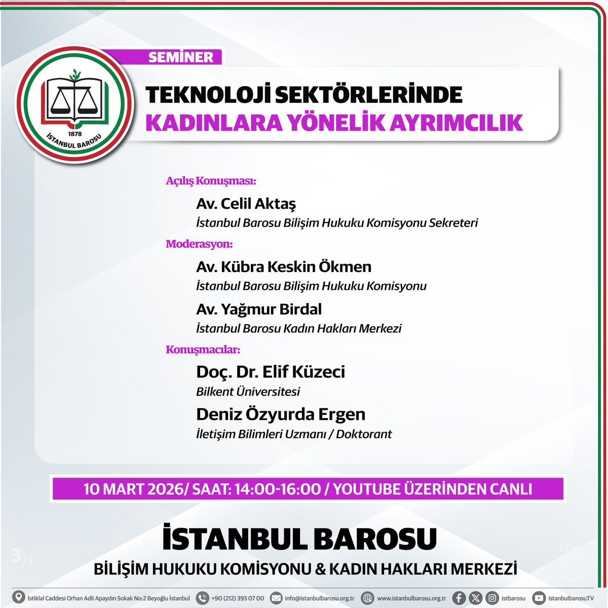ibbhk's tweet photo. Teknoloji Sektörlerinde Kadınlara Yönelik Ayrımcılık

Yer ve Zaman: 10.03.2026, saat 14:00 – 16:00 
İstanbul Barosu Youtube kanalı. https://t.co/wf3GAvoAi6