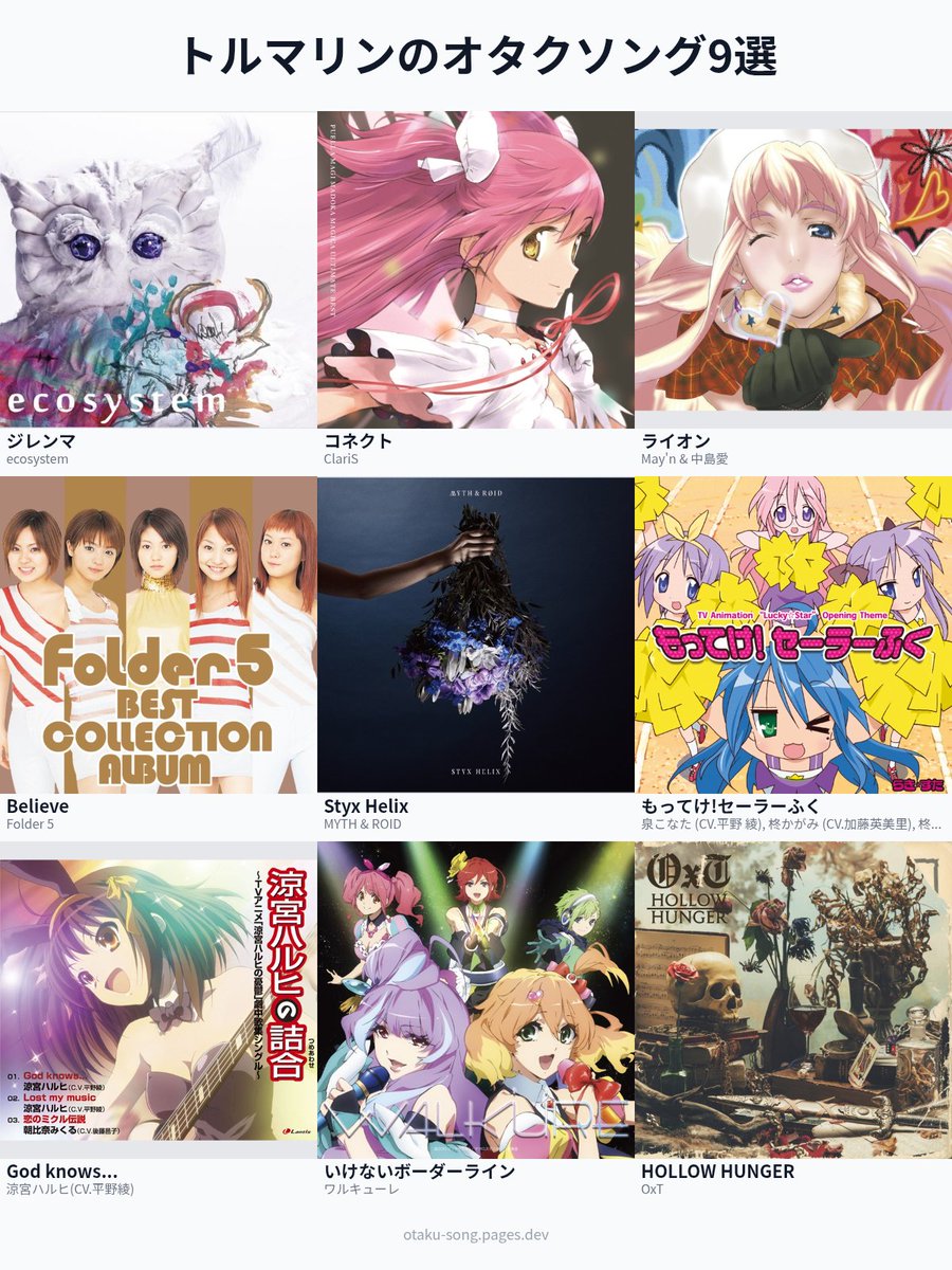トルマリンのオタクソング9選 
東方曲抜きにするならこんな感じです！刺さる人がいるといいなぁ～
#俺のオタクソング9選
otaku-song.pages.dev/share/dh9kkzko