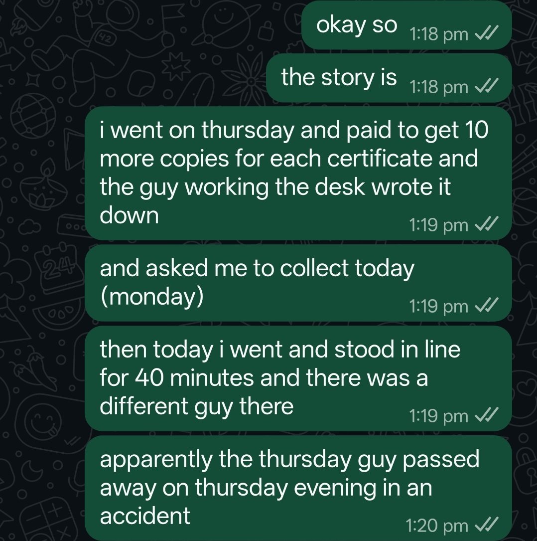 nanicking's tweet photo. i must've been a horrible person in my previous life and racked up a whole lot of bad karma because this just happened when i went to pick up my parents' death certificates from the district office: https://t.co/2EZiUCLRth