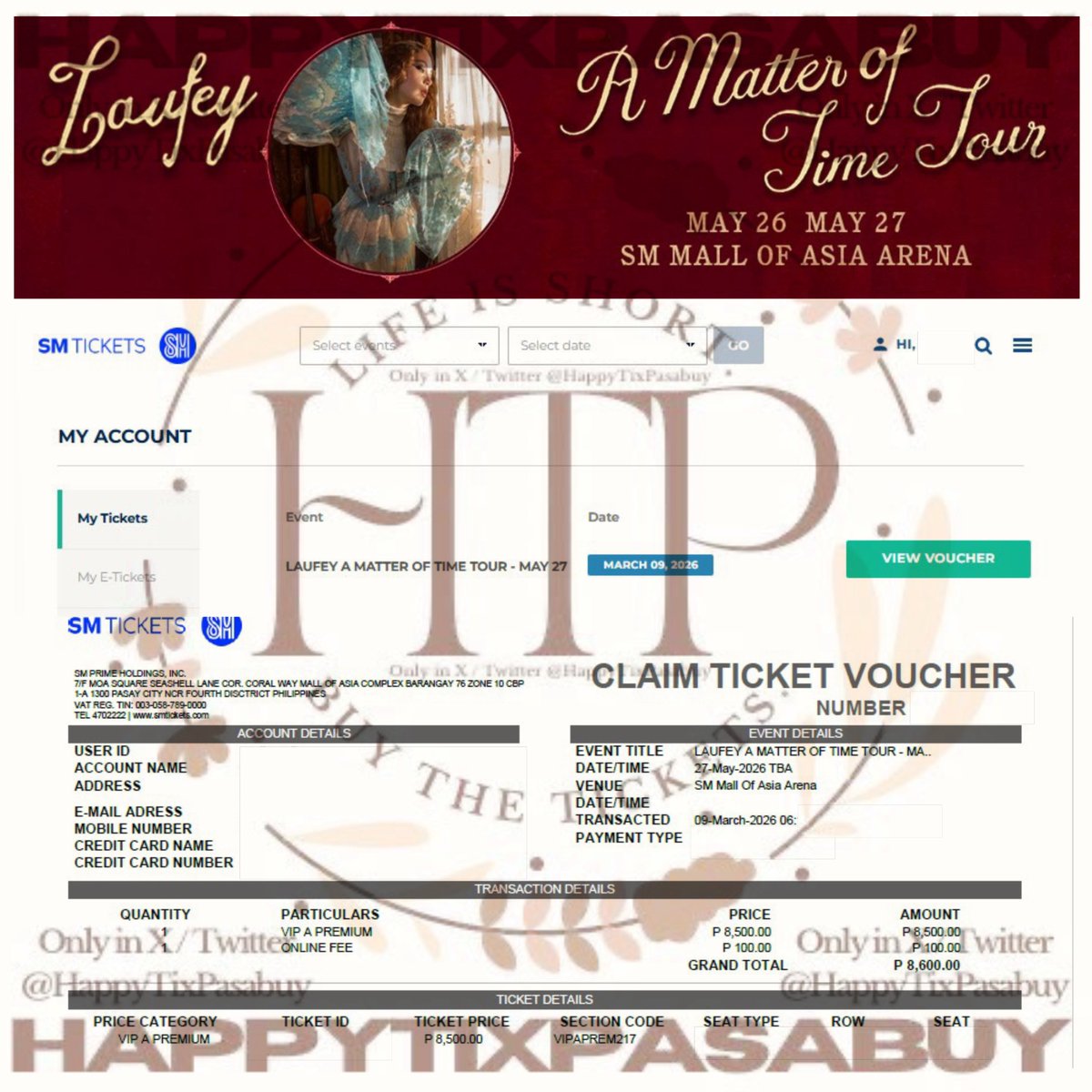 HappyTixPasabuy's tweet photo. LAUFEY : A MATTER OF TIME TOUR IN MANILA (RCBC Visa Presale) - Secured March 9 - Part 1
✅ Secured ORCHESTRA PIT PACKAGE, SVIP SEATED, VIP A PREMIUM, VIP A REGULAR Tickets
‼️ NOT FOR SALE‼️
#TixUpdatesByKy
#Laufey #LaufeyInManila #AMatterOfTime #AMatterOfTimeTour https://t.co/WcwoWiMVdd