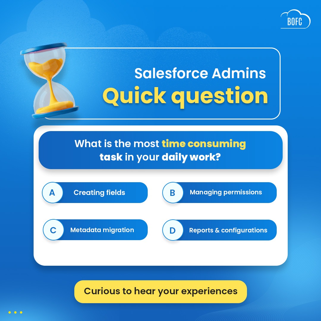 Salesforce Admins keep everything running smoothly — but some tasks can take longer than expected.
Which task takes up most of your day? Cast your vote and tell us why! 💬

#Salesforce #SalesforceAdmin #SalesforceCommunity #AdminLife #SalesforceTips #CRM #SalesforceAutomation