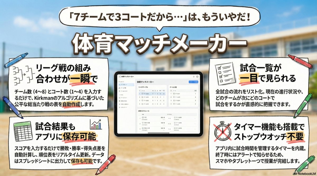 rohimotoiwaka's tweet photo. 体育の授業準備を応援！
【体育マッチメーカー】

✅ 総当たり戦の組み合わせを自動生成
✅ 試合結果を簡単記録
✅ 成績集計表も自動で作成
✅ 先生方の負担を軽減

子どもたちがより主体的に、体育の授業を楽しめるように設計しました。

使いたい先生にはデータごと無料配布します。
フォロー&いいね♡&リポストで「体育マッチメーカー」とDMください📩

#学習アプリ #学校をもっと楽しく #GIGA