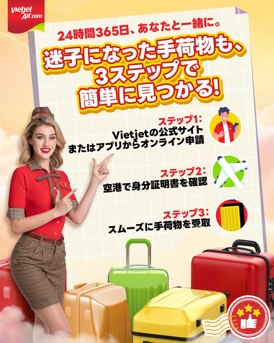 Vietjetの年中無休サポートなら手荷物が「行方不明」になってもご安心を！簡単なステップで荷物を見つける。 お得を見逃さないようにすぐリーツイート！vj.link/Luggage0903