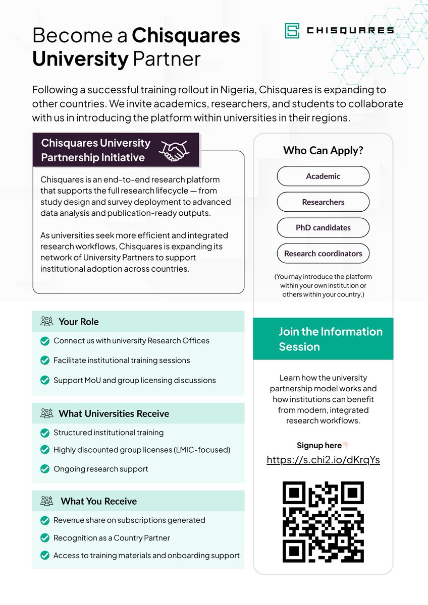 🌍 Chisquares is expanding its University Partner network.

We invite academics, researchers, and PhD candidates interested in introducing modern research tools within universities.

🔗 Register: s.chi2.io/dKrqYs

#Chisquares #AcademicResearch #EdTech #UniversityPartners