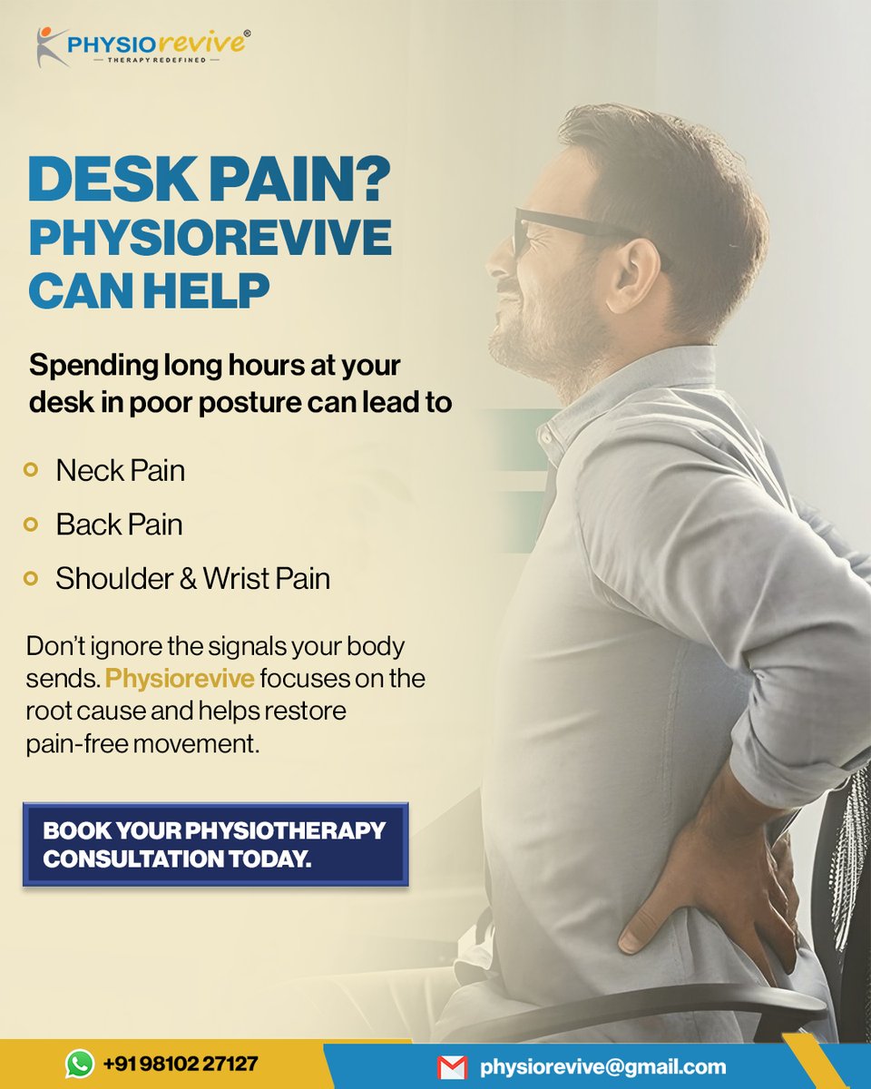 physiorevive's tweet image. Sitting 8+ hours a day? Your neck, back &amp;amp; shoulders are paying the price. 😣
Don't ignore the pain treat the root cause and move pain-free again. 💪
📲 Call: +91 98102 27127 
✉️ physiorevive@gmail.com
#deskpain #backpain #neckpain #physiotherapy #posturecorrection #painfreelife