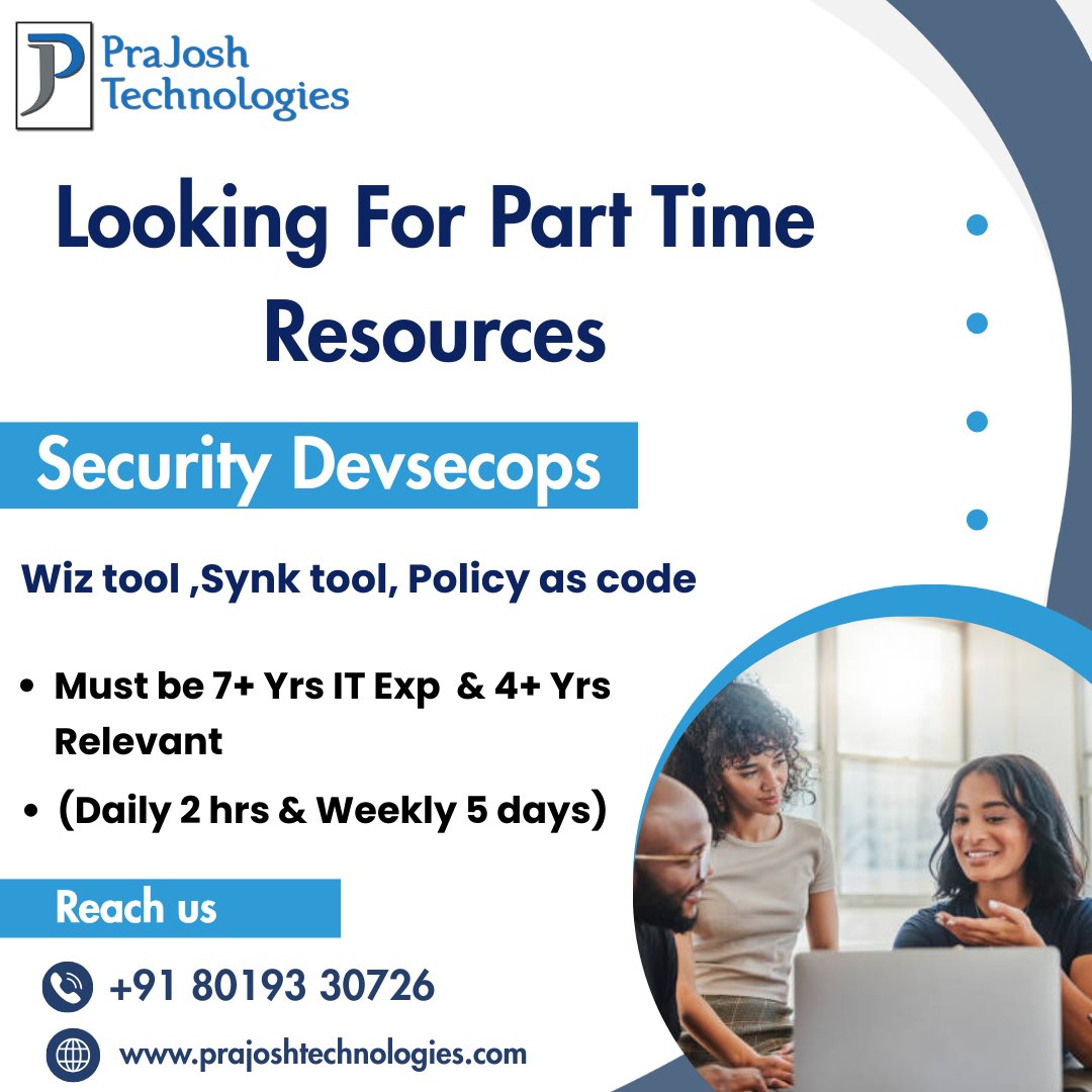 jasmin_prajosh's tweet photo. We are looking for parttime resources on below required skills
Security Devsecops, Wiz tool, Synktool, Policy as code

#parttimejobs #itjobs #ittechnology #freelancing #securitydevsecops #wiztool #synktool #policyascode

For more details
https://t.co/9BIrDTwHUy https://t.co/m3QYurKh4d