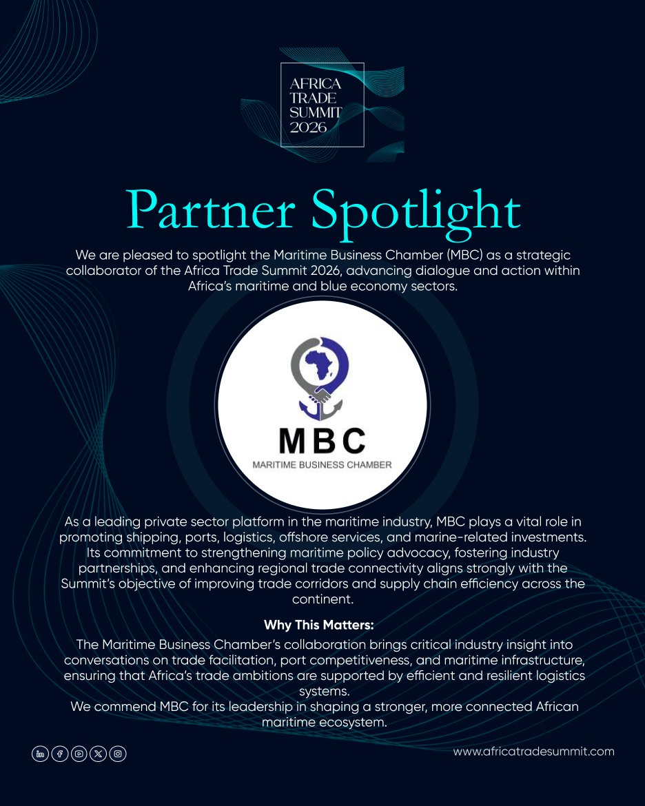 AT__Summit's tweet photo. As a leading voice for maritime trade in Africa, the Maritime Business Chamber (MBC) is driving innovation and growth in the industry. We are grateful for their partnership and expertise which helped shape crucial discussions on boosting maritime trade in Africa.

#AfricaTradeSummit2026