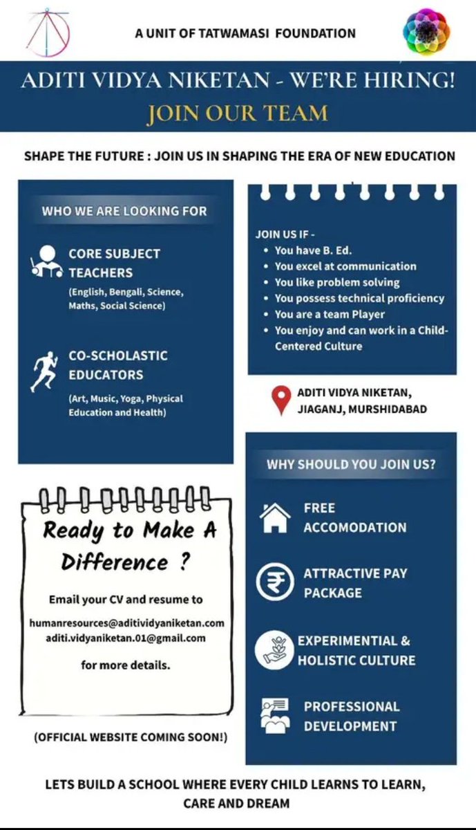 Opportunity for those who have a B.Ed. degree. If interested, please share your CV with Aditi School (Tatwamasi Foundation).❤