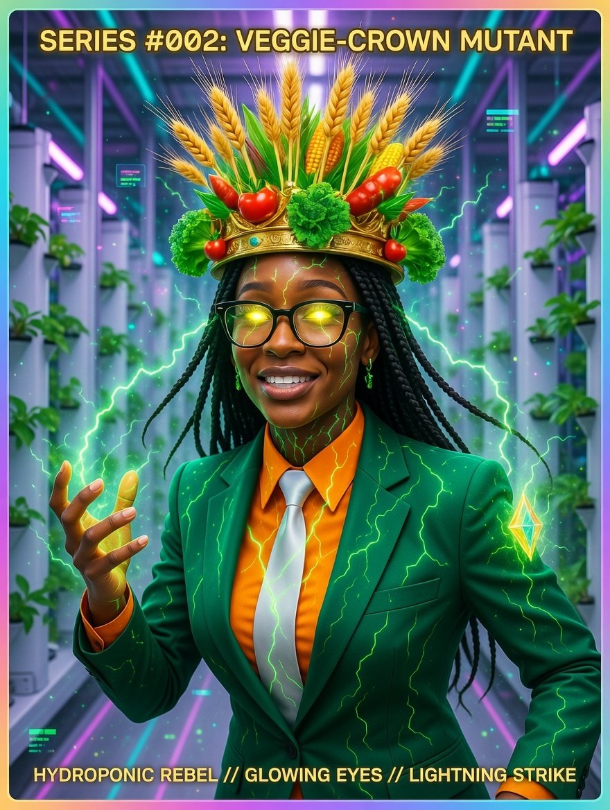 priscanall's tweet photo. GM mutants & Green Pill takers 🧪🌱
Happy Mutant Monday! 

Meet the Green Pill Mutant Sovereign - 1/1 custom lab-grown queen. Veggie crown for food sovereignty, green energy cracks for awakening, pointing the way to decentralized abundance. 

This rebel is mutating the blues into real rebellion. Bitcoin-powered, Naija-rooted 🔥

Who's claiming the throne? 

#MutantMonday #GreenPill