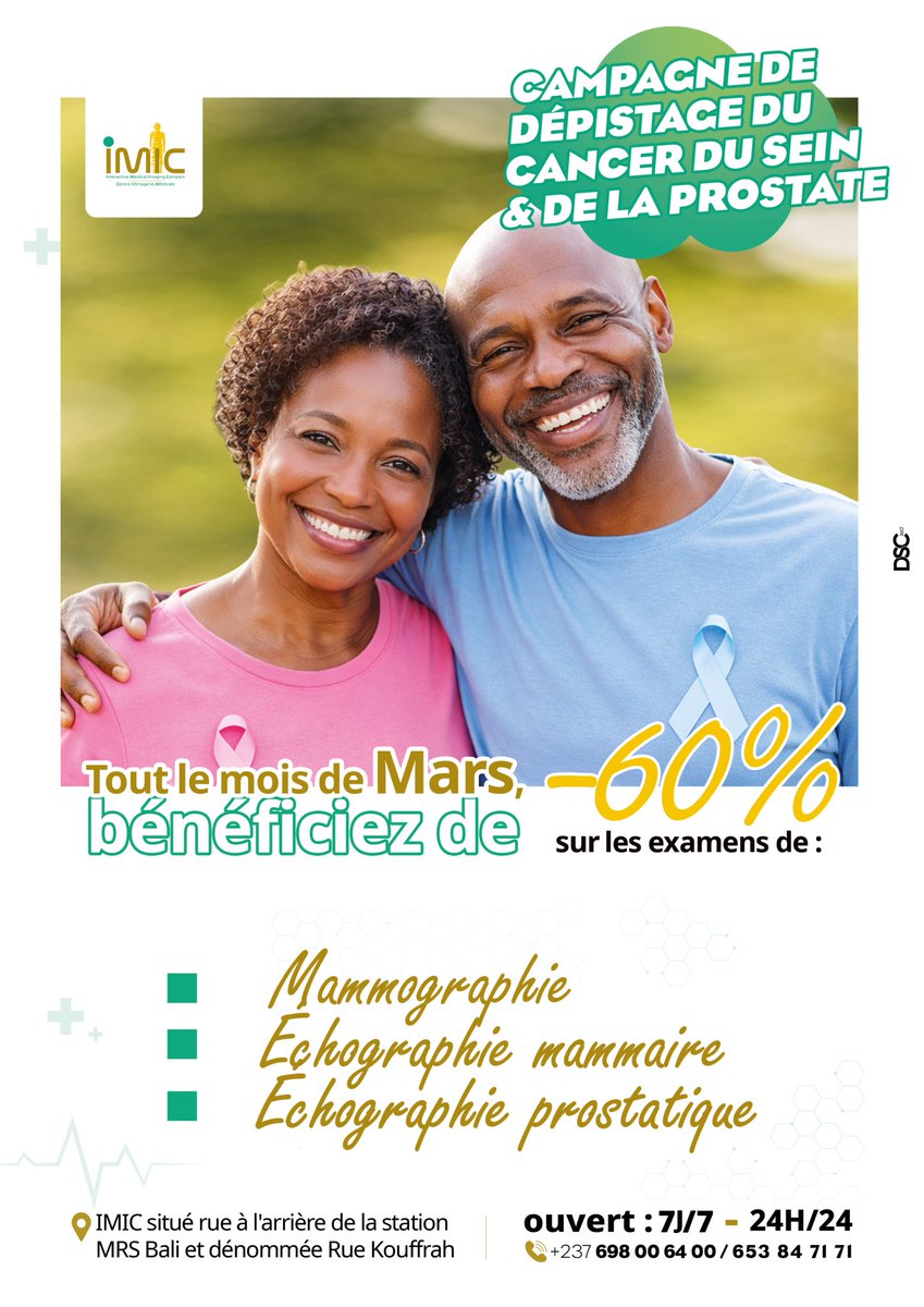 imic_interactiv's tweet photo. En mars, IMIC se mobilise pour la prévention.Tout le mois, bénéficiez de -60% sur des examens ciblés : 

🔸️Mammographie, 
🔸️Échographie mammaire,
🔸️Échographie prostatique.

📞 698 00 64 00 ou 653 84 71 71 
Bali, Rue Kouffrah (derrière la station MRS) https://t.co/eo5yXsh6HQ