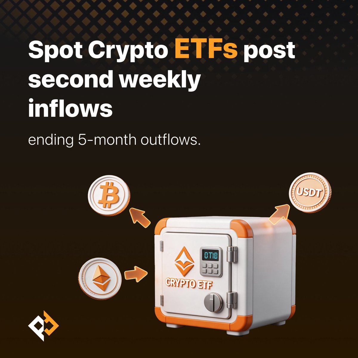 VQJExchange's tweet photo. Spot BTC &amp; ETH ETFs recorded a 2nd week of inflows, ending a 5-month outflow trend. VQJ Exchange data reflects a steady return of institutional accumulation. 📊 #BitcoinETF #VQJExchange #VQJ_Exchange #VQJ

https://t.co/0PMurVNa3E https://t.co/l3CU72SonT