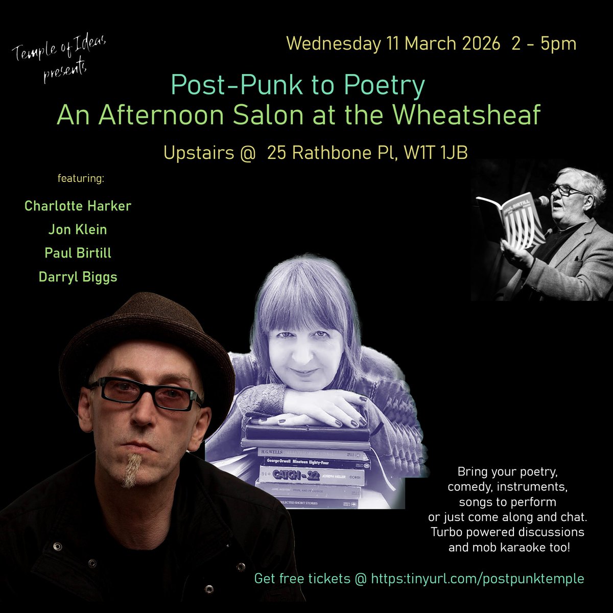 MegLeeChin's tweet photo. Afternoon Salon with Jon Klein Co-founder of the legendary Batcave club &amp; guitarist for Specimen, Siouxsie and the Banshees plus poets Charlotte Harker &amp; Paul Birtill. Bring your instruments, songs, poetry, and comedy. Free Tickets https://t.co/t4Rz2CtGQI #Batcave #Goth #PostPunk https://t.co/Qmk9yt2PA9