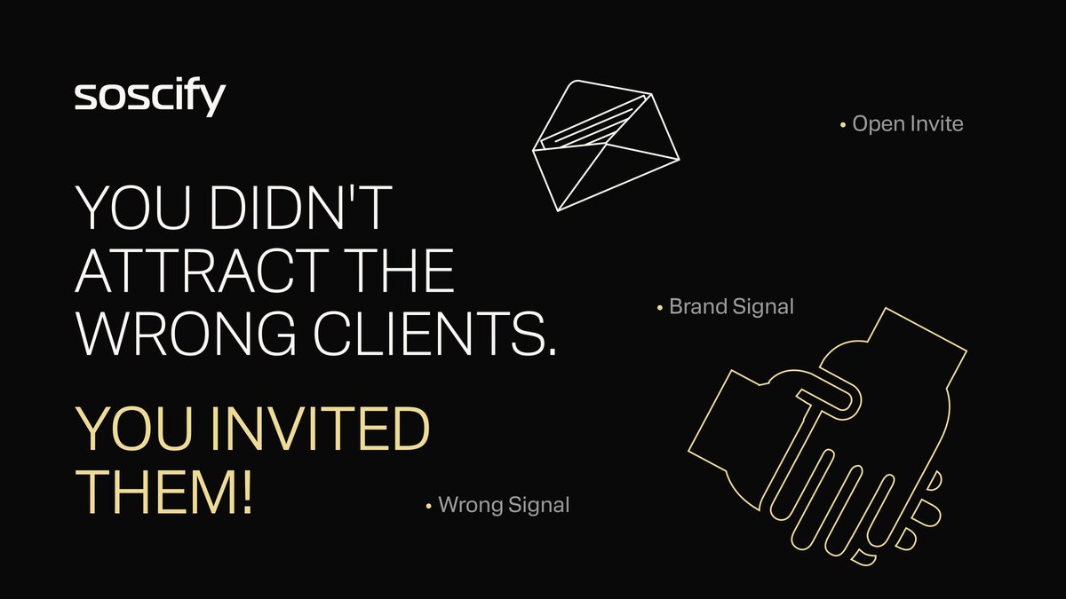 soscify's tweet photo. You didn’t attract the wrong client. You invited them.

Many businesses believe bad clients appear by coincidence. 

But difficult projects, price arguments, and unrealistic expectations are usually the result of the signals your brand sends to the market. https://t.co/AZsjyhzuI4