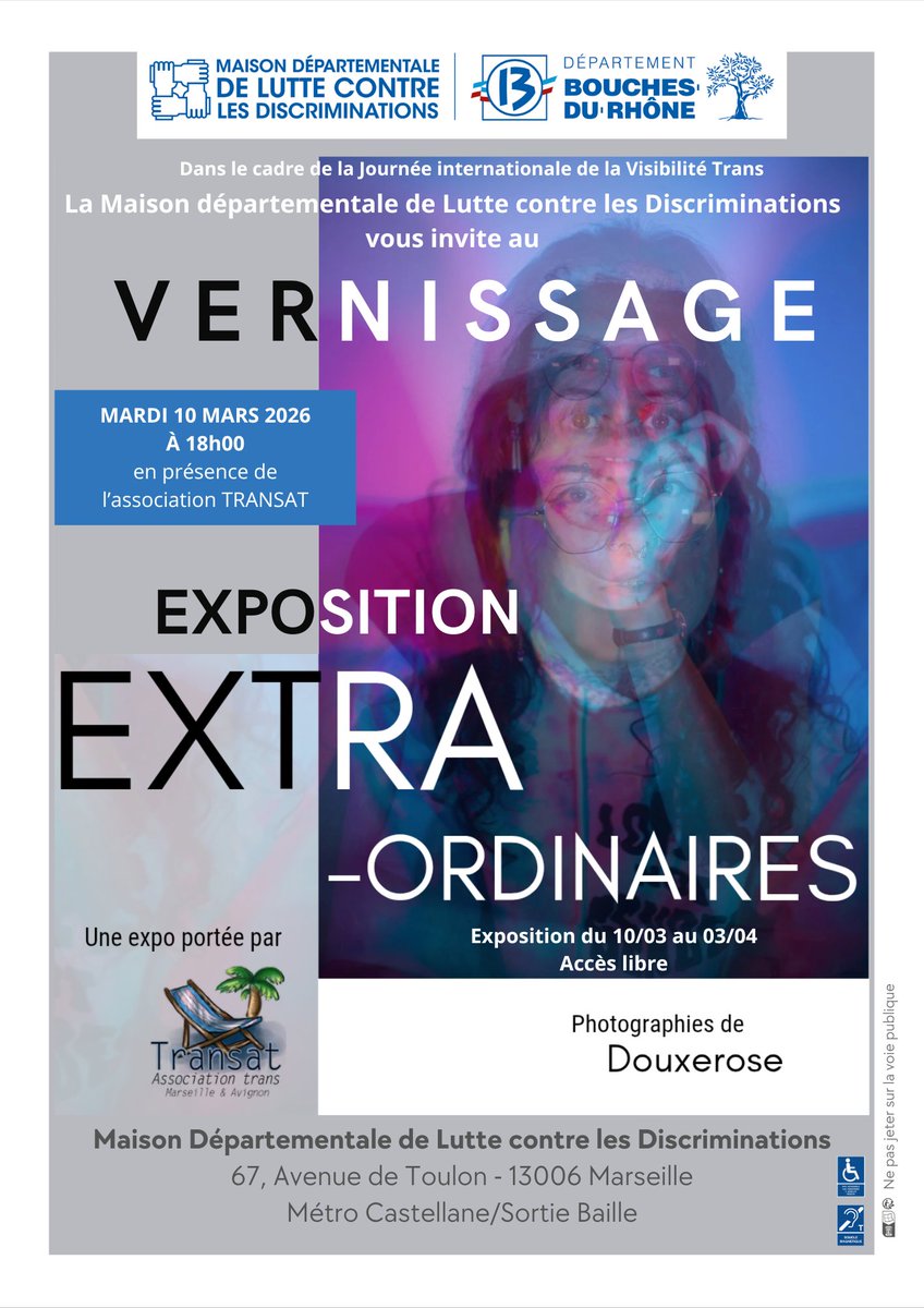 departement13's tweet photo. ✨ La #MDLD accueille dès aujourd’hui l’exposition “Extra‑ordinaires” !

📸 Jusqu’au 3 avril notre Maison Départementale de lutte contre les discriminations vous invite à découvrir une exposition de portraits qui célèbre la #diversité et la visibilité des personnes #transgenres et non‑binaires en mettant en lumière leurs parcours, et leurs réalités.

Entrée libre et gratuite 👉 https://t.co/pGigry5wEt