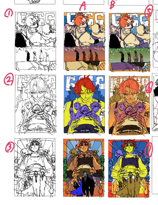 【📘『GGG』第3巻(最終巻)】

表紙ラフ案です。
物語の最後を飾る一冊なので、いろいろ描いていました。

この中のどれが実際に表紙になったでしょうか?
もしよかったら、お気に入りも教えてください。

最後まで見届けてもらえたら嬉しいです。

#GGG #ジャンププラス #最終巻 #表紙ラフ #漫画制作 