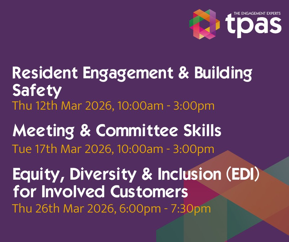 tpasengland's tweet photo. Join our upcoming online training sessions,, covering Resident Engagement &amp; Building Safety, Meeting &amp; Committee Skills, and Equity, Diversity &amp; Inclusion (EDI). 

https://t.co/UTHjcj8jP4 https://t.co/Wuhz9nzVYU