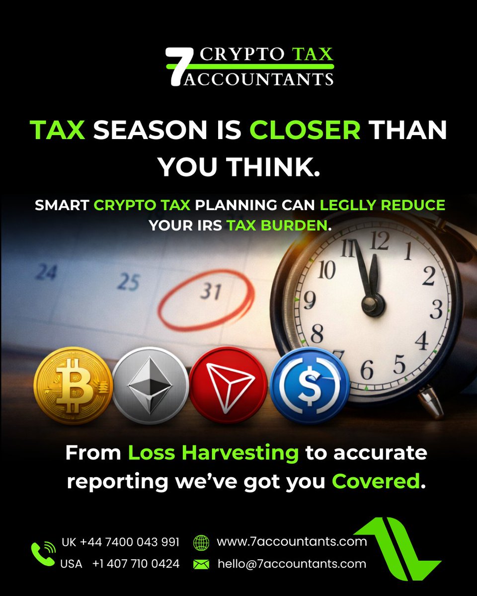 bitcoan's tweet photo. Tax season is closer than you think and crypto taxes wait for no one.
📷 USA: +1 407 710 0424
📷 UK: +44 7400 043 991
📷 Visit https://t.co/t2q3k6Hfqy
📷 Email hello@7accountants.com https://t.co/VYnpZvaFe4