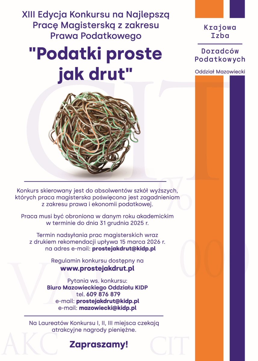 KIDP_pl's tweet photo. 🚨Zgłoś pracę magisterską i wygraj 10 000 zł!
To już naprawdę ostatni dzwonek, aby zgłosić się do konkursu „Podatki proste jak drut” - termin nadsyłania prac upływa 15 marca.

Szczegóły oraz formularz zgłoszeniowy: https://t.co/l4Su3nGzDf