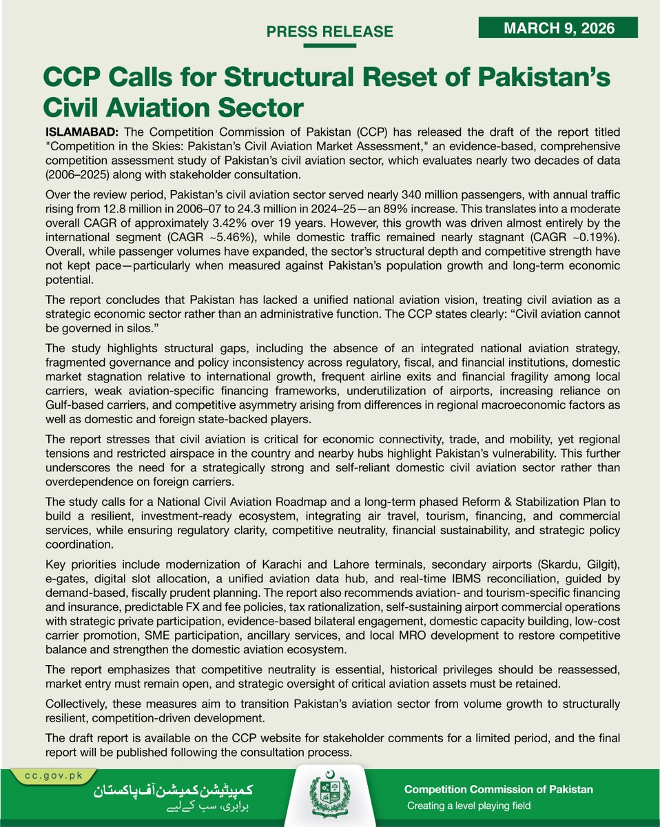 CCP has released the draft of the report titled "Competition in the Skies: Pakistan’s Civil Aviation Market Assessment," an evidence-based, comprehensive competition assessment study of Pakistan’s civil aviation sector, which evaluates nearly two decades of data.
#AviationSector