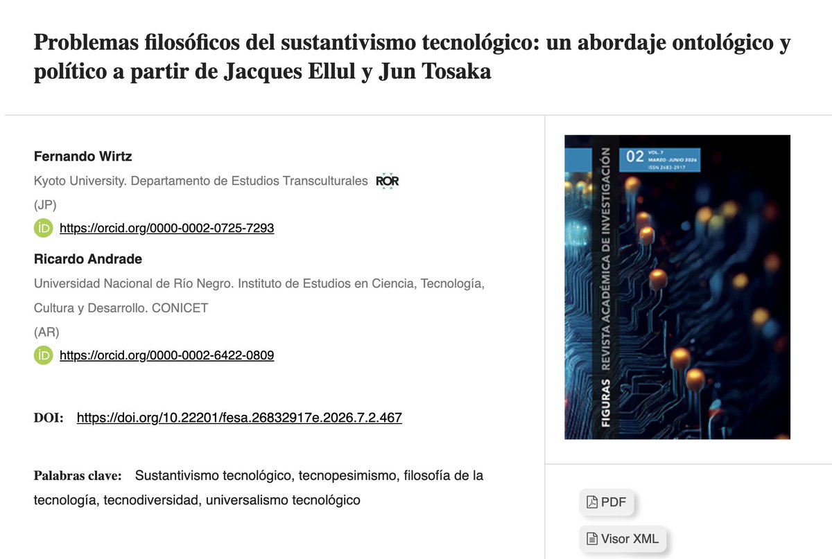 yierva's tweet photo. El primer artículo del Dossier "El locus de lo tecnológico" en la @revistafiguras de la @FES_ACATLAN es "Problemas filosóficos del sustantivismo tecnológico: un abordaje ontológico y político a partir de Jacques Ellul y Jun Tosaka" de Fernando Wirtz y Ricardo Andrade #SeminarioTF https://t.co/ZAQb9sVEd7