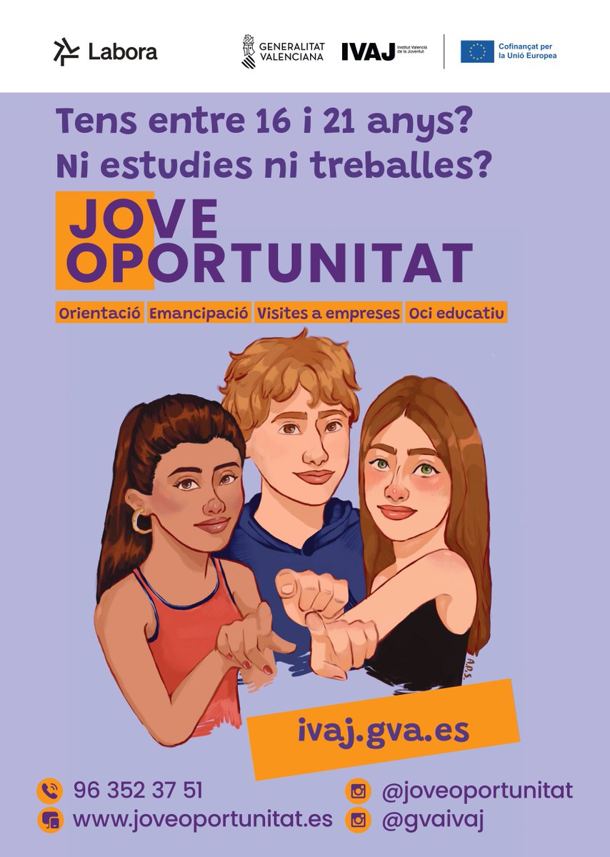 GVAlabora's tweet photo. ✋🏻Tens entre 16 i 21 anys i has abandonat els estudis❓
Apunta't a #joop de l'IVAJ🚀
🔝Treballarem la teua motivació, reforçarem la teua autoestima i t'ajudarem a construir un projecte integral de vida💯
ℹ️ Més informació⤵️
☎️ 617469599
https://t.co/iuJPrBlRCy
#SomLabora
------------------------
✋🏻¿Tienes entre 16 y 21 años y has abandonado los estudios❓
🚀Apúntate al programa del #IVAJ➡️ #JoveOportunitat 
🔝Trabajaremos tu motivación, reforzaremos tu autoestima y te ayudaremos a construir un proyecto integral de vida💯
ℹ️ Más información⤵️
☎️ 617469599
https://t.co/iuJPrBlRCy
Programa cofinanciado por la #UE 🇪🇺