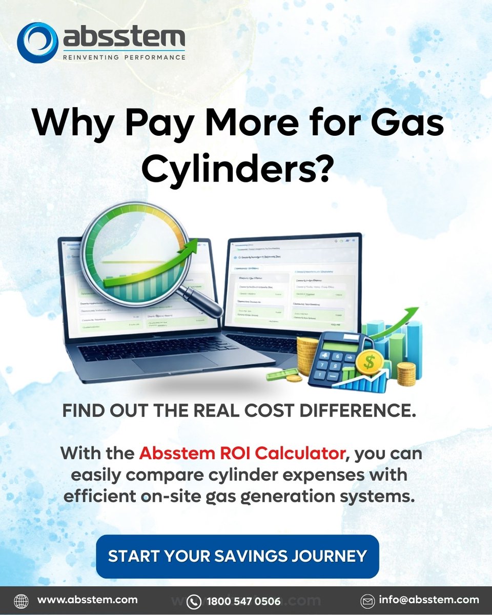 absstem's tweet photo. Why pay more for gas cylinders? 
Use the Absstem ROI Calculator to compare costs and discover savings with efficient on-site gas generation systems. Smarter decisions start here.
🌐 https://t.co/QZ8CEiQtM0
📞 1800 547 0506
📧 info@absstem.com
#Absstem #ROICalculator https://t.co/BmBVBuF5aa