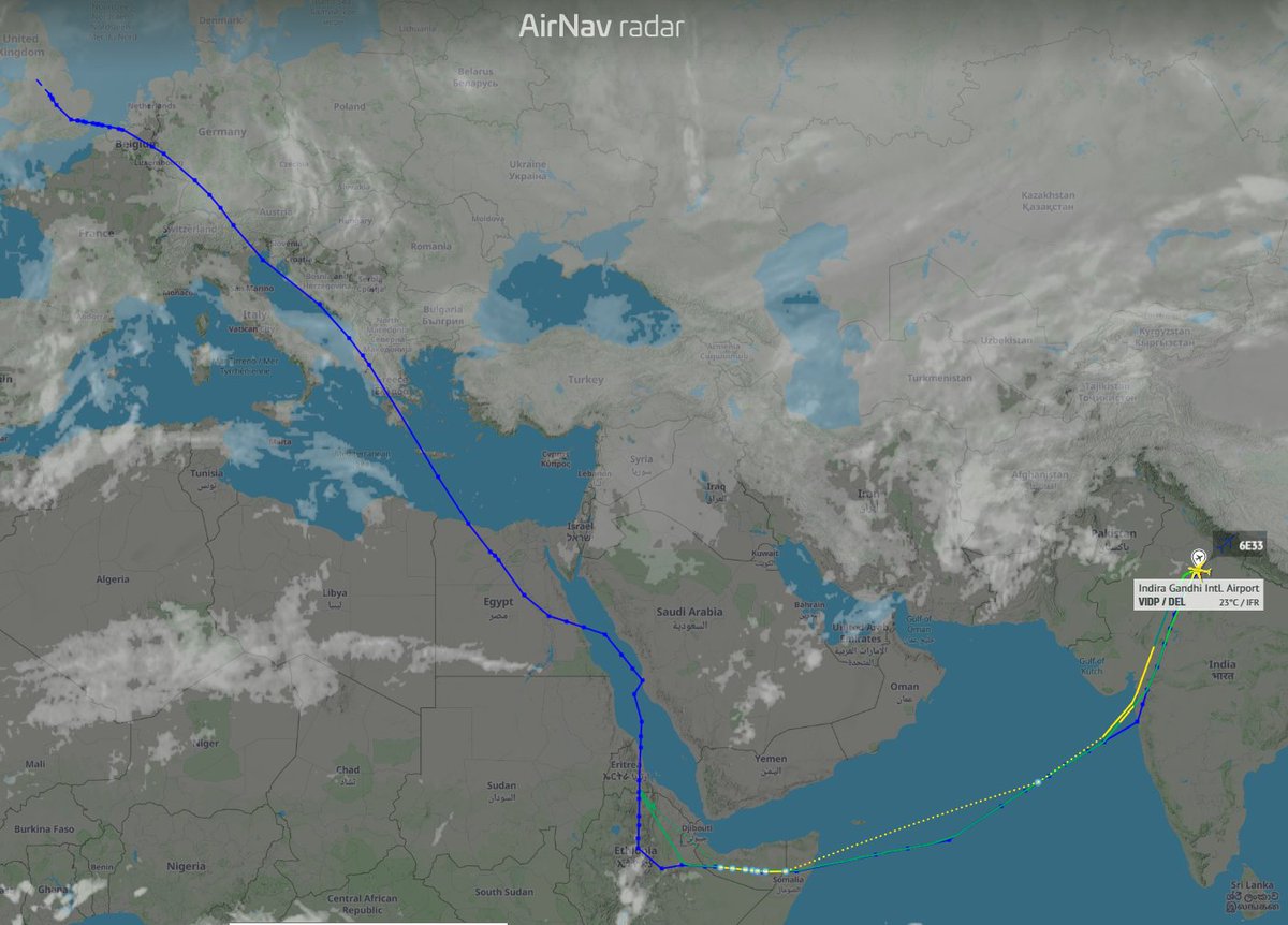ShyamVimalKumar's tweet photo. Indigo flights 6E2 and 6E33 diverted back to Cairo and New Delhi respectively, due to last minute airspace restrictions, as the airline said. Indigo flying a wet leased Norse Atlantic aircraft to Europe unfortunately cannot overfly gulf region due to restrictions from EASA ... https://t.co/Fj6pEx1QNf