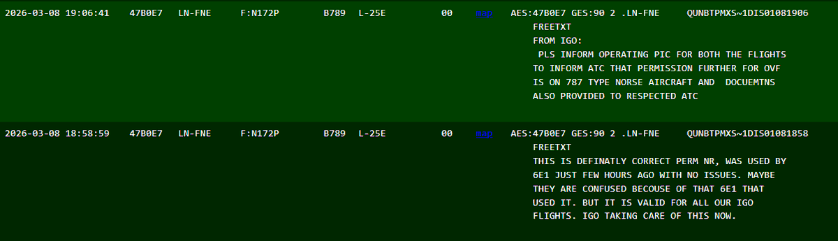 ShyamVimalKumar's tweet photo. ... and risk assessment from Norse Atlantic! ACARS message has been circulating around the social media showing possibly a confusion over a permit to fly over Eritrean airspace. The airline faced a similar issue the previous day as can been seen on the message from LN-FNE. https://t.co/lYiBan6QnY