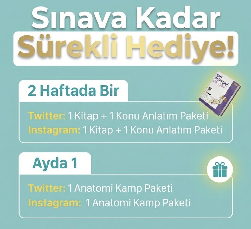 9. DUS Motivasyon Hediyeleri 

📅 Tarih: 11 Mart 2026

🎁 Hediye:
• 1 kişiye SMT anatomi dus konu kitabı
• 1 kişiye Anatomi video paketi

👉 Katılım için takip edip RT atmanız yeterlidir.

#reklamdeğildir