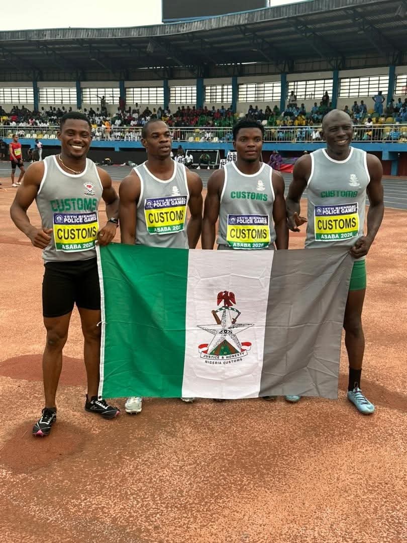 Sopirinye's tweet photo. Customs Quartet Storm to Gold at 15th Police Games in Asaba

The men’s 4x100 metres relay team of the Nigeria Customs Service (NCS) delivered a commanding performance to secure gold at the invitational security agencies’ relay event during the 15th Police Games held in Asaba. https://t.co/24fYtQgFaB