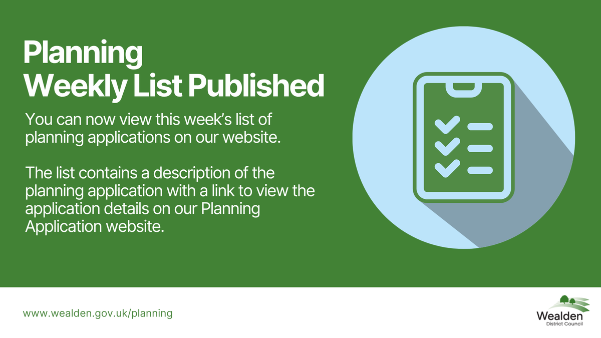 WDC_Planning's tweet photo. You can now view this week’s list of planning applications on our website.

👉https://t.co/wBpBhCJao2

Sign up for Wealden's weekly email update service to find out about new planning applications near you.

👉https://t.co/90VBi2mIs4

#planning #keepinformed #wealden #weeklylist https://t.co/2HrDpZ6VRN
