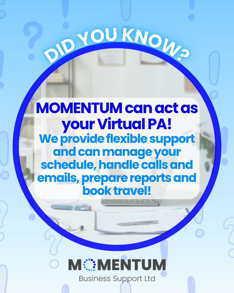 mbsmih's tweet image. Did you know MOMENTUM can act as your Virtual PA?
Diary management ✔️
Calls &amp;amp; emails ✔️
Reports ✔️
Travel booking ✔️
Flexible support that saves you time.
#VirtualPA #SmallBusinessSupport