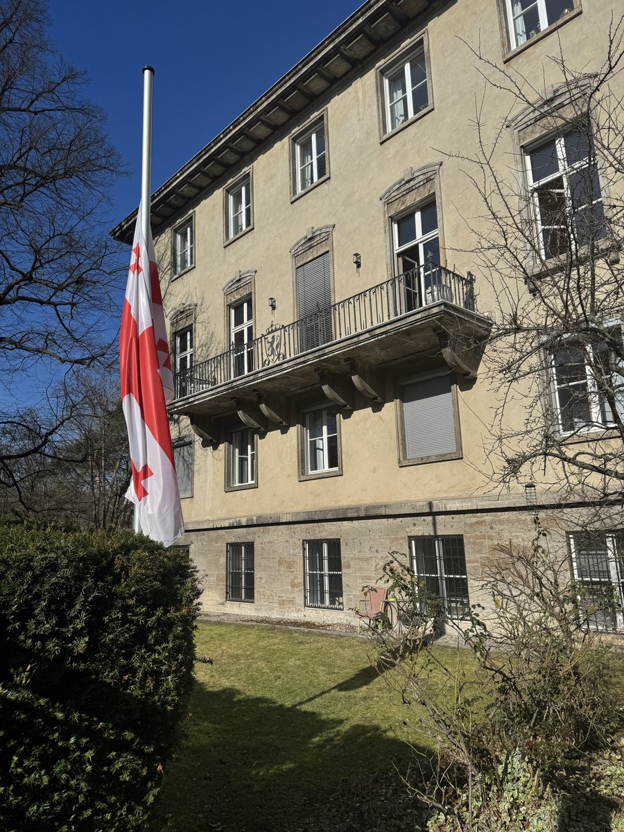 GeoEmbGermany's tweet photo. On the occasion of the Day of Soviet Occupation, the national flag was flown at half-mast at the Embassy of Georgia to the Federal Republic of Germany. https://t.co/Utv7n3Nnpw