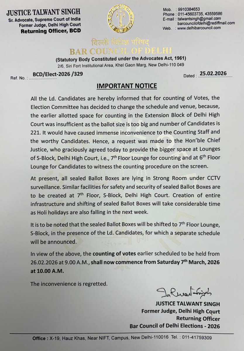 smilingsword1's tweet photo. Delhi Bar Council Election 2026 में Returning Officer Justice Talwant Singh पहले 26 फरवरी सुबह 9 बजे काउंटिंग घोषित करते हैं और फिर उसे बदलकर 7 मार्च सुबह 10 बजे कर देते हैं।
अब सवाल सीधा है — इन अतिरिक्त 10 दिनों तक Strong Room में रखे ballot boxes की जवाबदेही किसकी होगी?
अब 10 दिन कौन रखवाली करेगा?
@talwant
@BJP4Delhi
@barcouncilindia 
#BCDElection2026