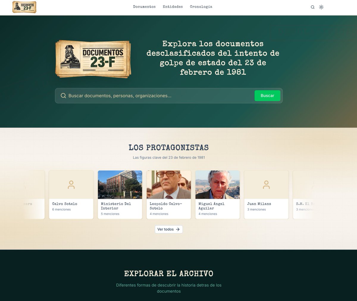 Acabo de lanzar DOCUMENTOS23F.ES, una web para explorar más fácilmente los documentos desclasificados sobre el golpe de Estado. 

👉 Permite hacer búsquedas semánticas en los documentos
👉 Extrae los protagonistas principales
👉 Resume la documentación disponible